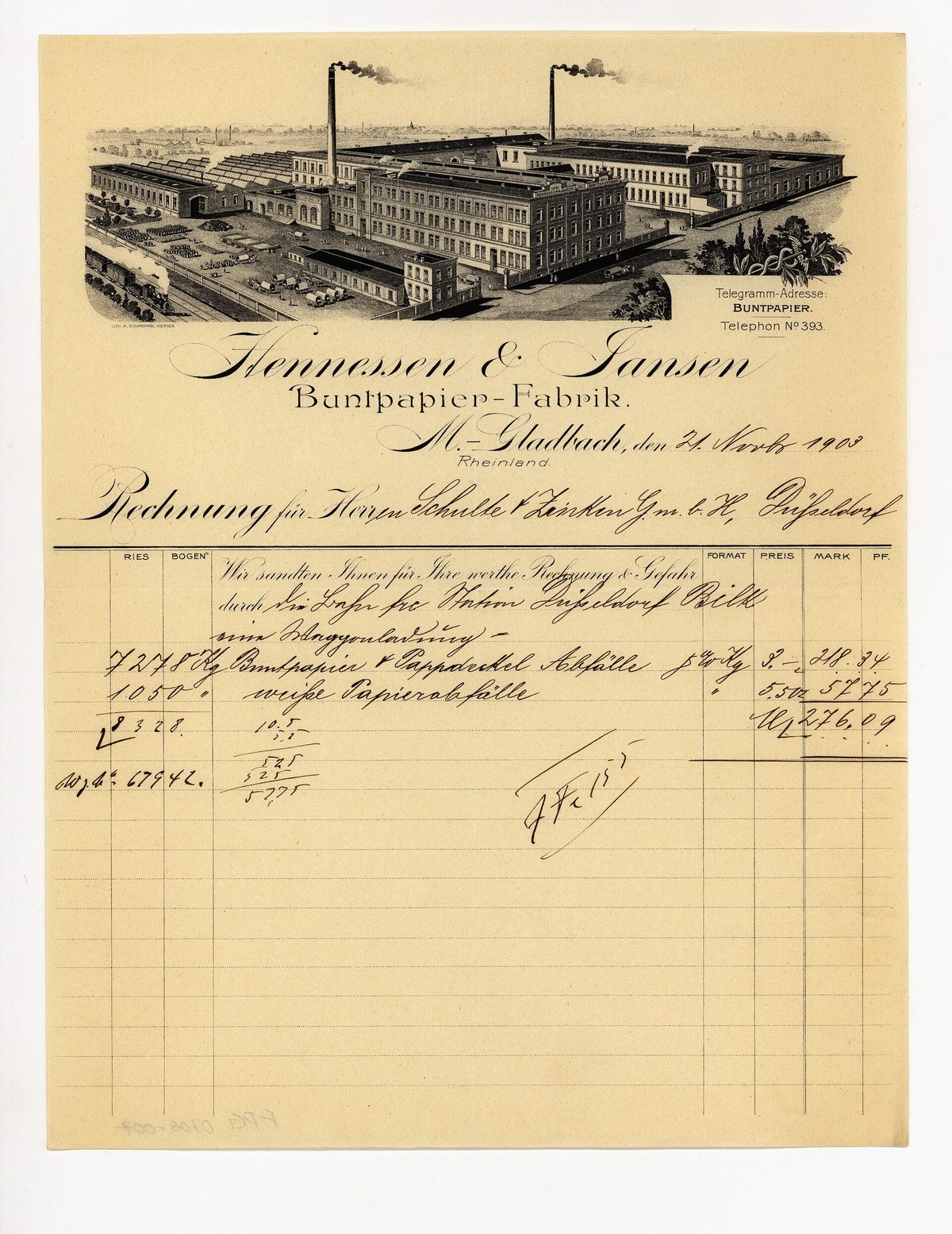 Handgeschriebene deutsche Rechnung einer Buntpapier-Fabrik aus dem Jahr 1903 mit vorgedruckten Spalten für Menge, Format und Preis